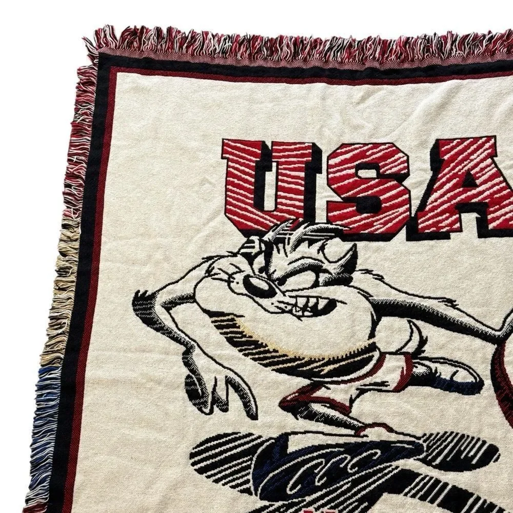 Vintage 1995 Looney Tunes Taz USA Olympics Basketball Throw Blanket Collectible